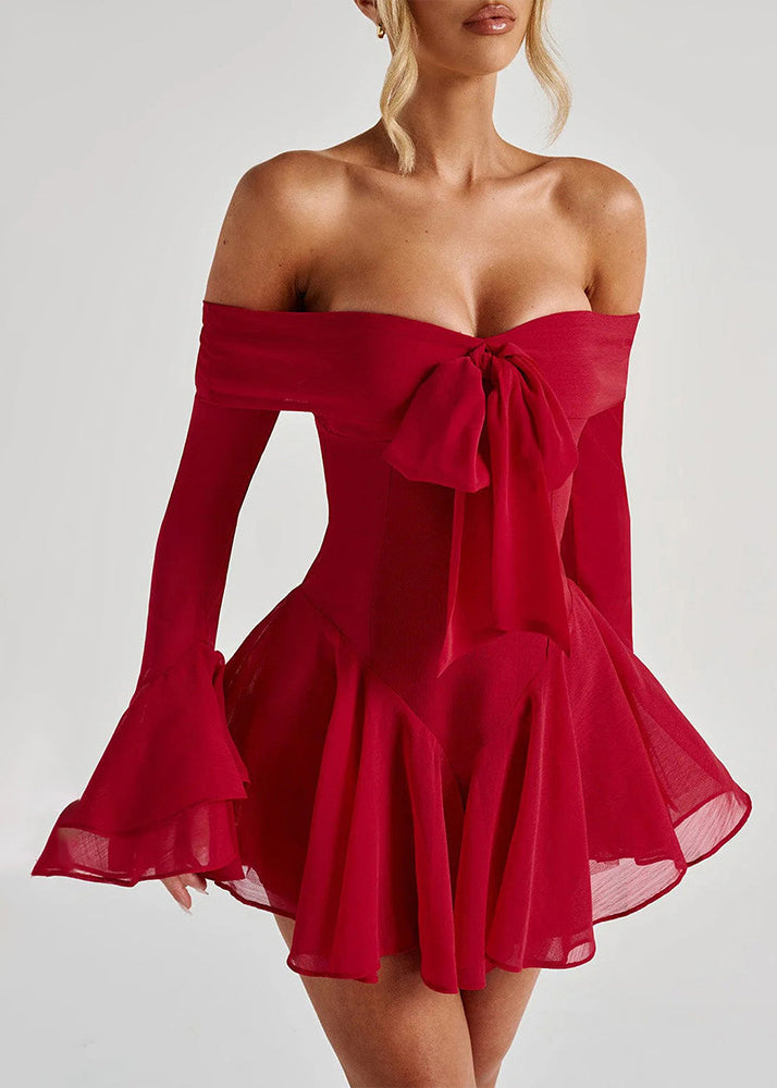 Neck Bow Mid Cotton Sleeve Sexy Slash Red Dress Flare