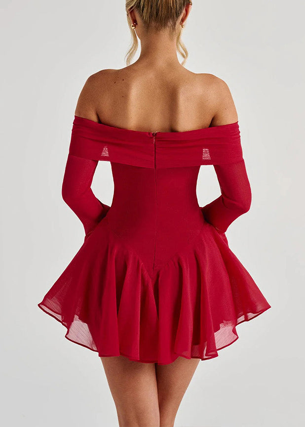 Neck Bow Mid Cotton Sleeve Sexy Slash Red Dress Flare