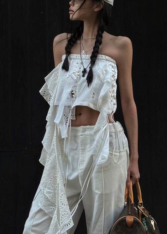 Sleeveless Tank Sexy White Out Hollow Asymmetrical Cotton