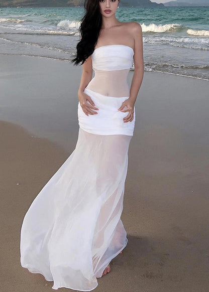 Sexy Dress Shoulder Long White Sleeveless Tulle Cold Floral