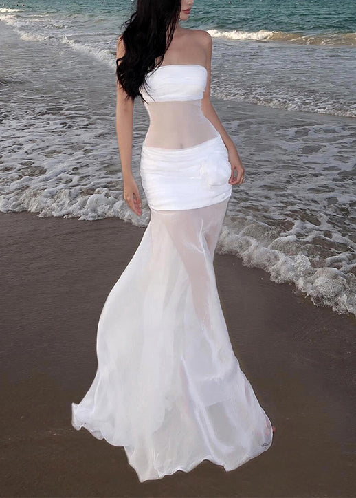 Sexy Dress Shoulder Long White Sleeveless Tulle Cold Floral