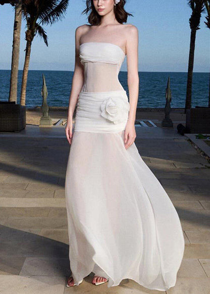 Sexy Dress Shoulder Long White Sleeveless Tulle Cold Floral