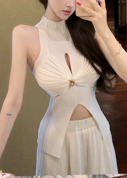 Summer Out Sexy Knit Open Hollow Tanks Front White