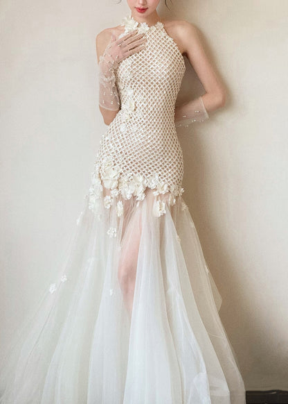 Party White Dress Out Sleeveless Hollow Tulle Patchwork Sexy
