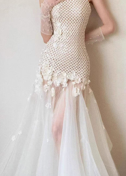 Party White Dress Out Sleeveless Hollow Tulle Patchwork Sexy