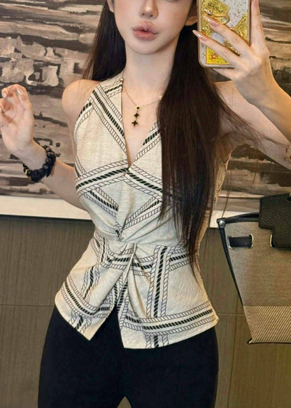 Summer Halter Fit Vests Sexy Open White Silm Print Side