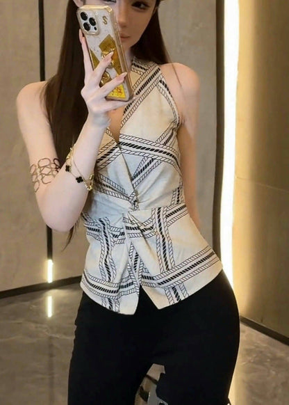 Summer Halter Fit Vests Sexy Open White Silm Print Side