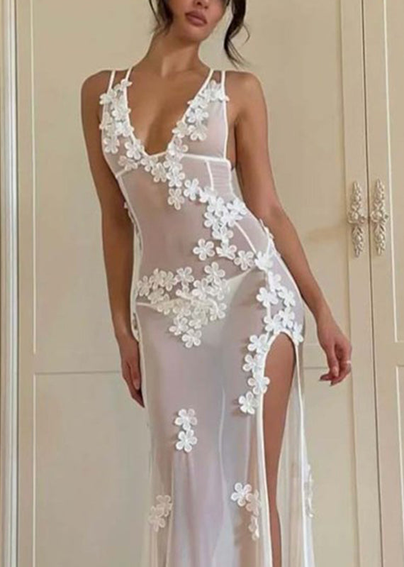 Long White Strapless Open Sexy Swimwear Flower Side Bikini