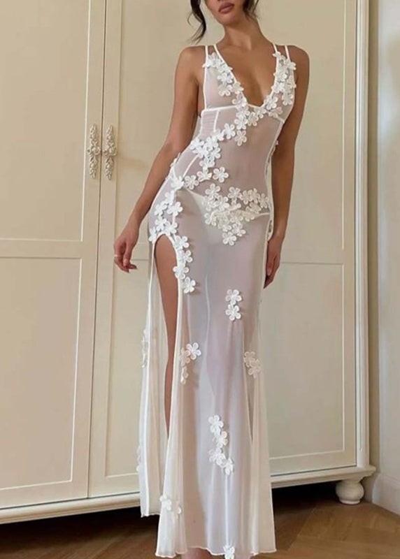 Long White Strapless Open Sexy Swimwear Flower Side Bikini