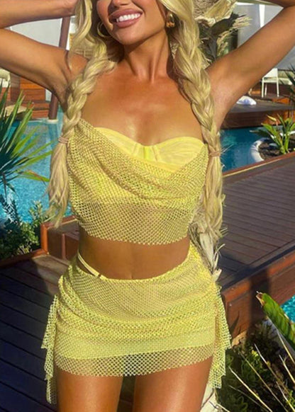 Set Two Summer Cotton Piece Yellow Outfits Sexy Backless
