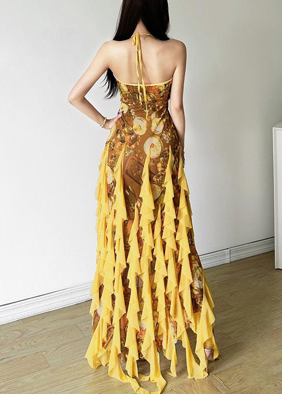 Print Yellow Front Sexy Tulle Open Ruffled Sleeveless Dress