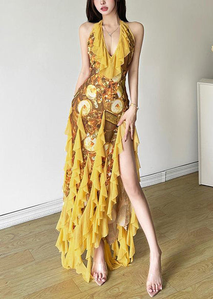Print Yellow Front Sexy Tulle Open Ruffled Sleeveless Dress
