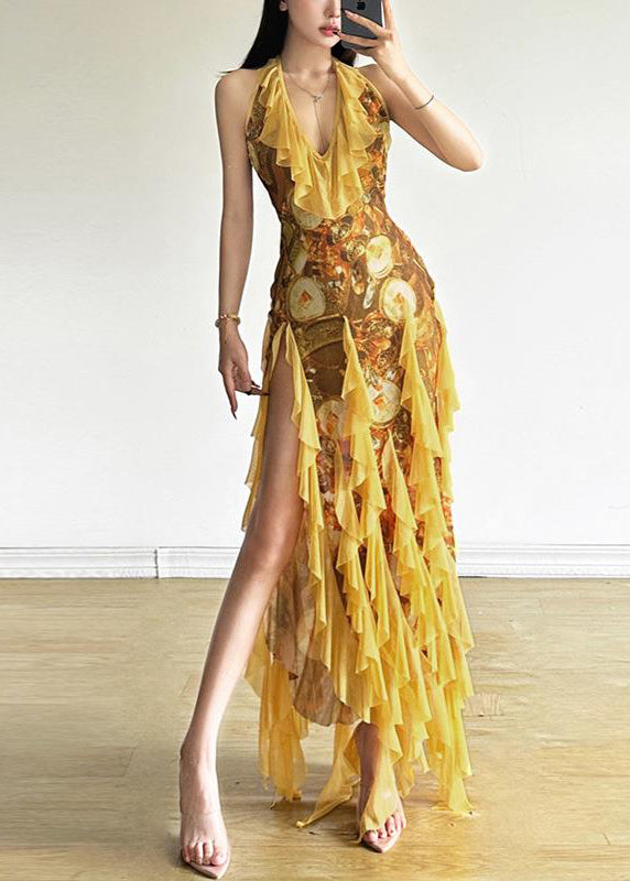 Print Yellow Front Sexy Tulle Open Ruffled Sleeveless Dress