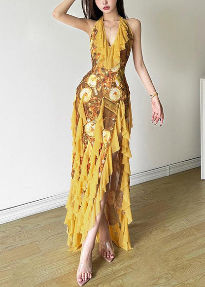 Print Yellow Front Sexy Tulle Open Ruffled Sleeveless Dress