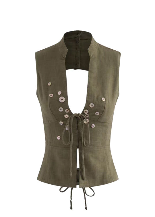 Backless Summer Silm Vest Lace Tops Army Green Up Fit
