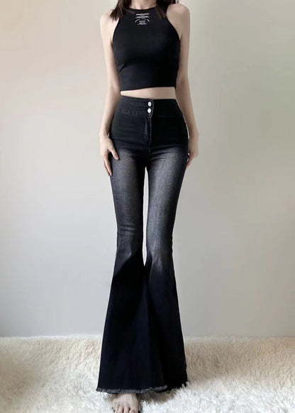 Silm Fit Black High Waist Denim Flared Trousers Spring YP030
