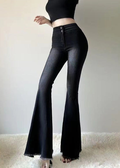 Silm Fit Black High Waist Denim Flared Trousers Spring YP030