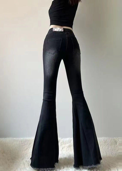 Silm Fit Black High Waist Denim Flared Trousers Spring YP030