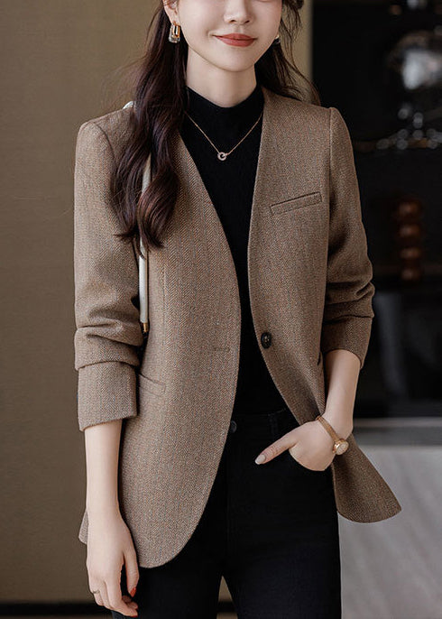 Silm Fit Brown V Neck Woolen Jacket Spring YJ015