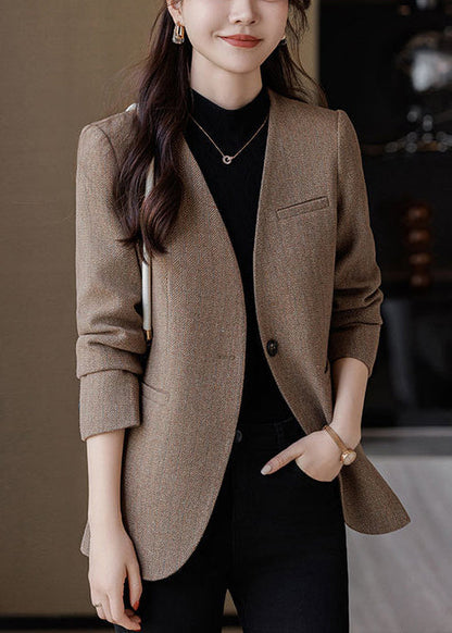 Silm Fit Brown V Neck Woolen Jacket Spring YJ015