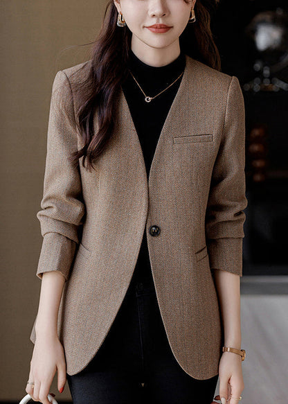 Silm Fit Brown V Neck Woolen Jacket Spring YJ015