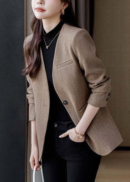 Silm Fit Brown V Neck Woolen Jacket Spring YJ015