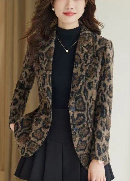 Silm Fit Coffee Leopard Print Woolen Coats Spring YJ057