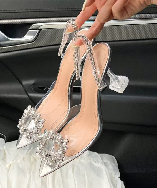 Toe Sandals Unique Heel Silver Pointed High Zircon Clear Splicing