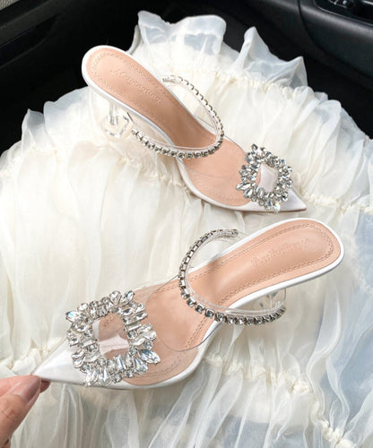 Toe Sandals Unique Heel Silver Pointed High Zircon Clear Splicing