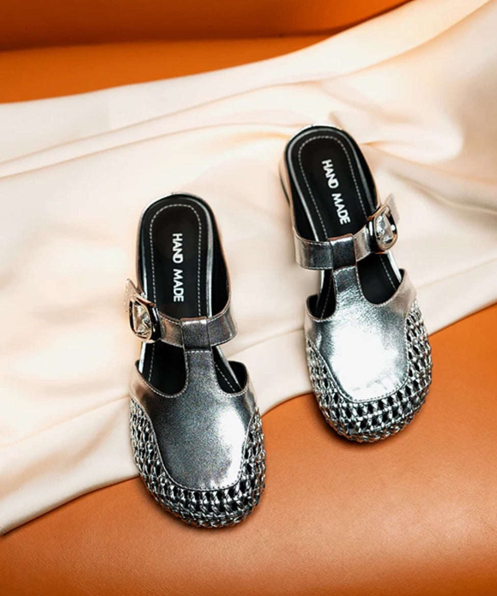 Cowhide Leather Splicing Fashion Slide Sandals Silver Out Hollow