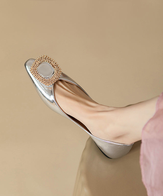 Silver Fitted Flat Faux Zircon Shoes Leather Splicing