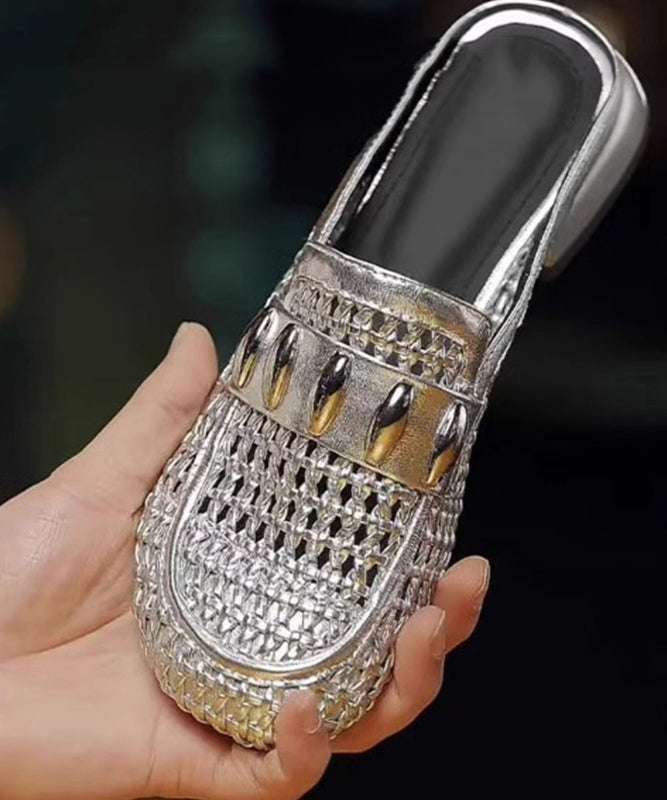 Splicing Faux Out Hollow Leather Slide Sandals Silver