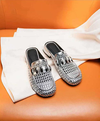Splicing Faux Out Hollow Leather Slide Sandals Silver