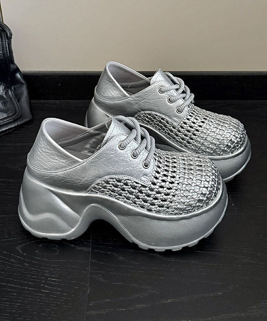 Up Out Silver Hollow Fashion Splicing Lace Platform Sandals