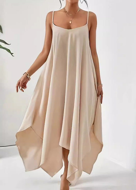 Solid Dress Simple Strap Cotton Asymmetrical Spaghetti Apricot