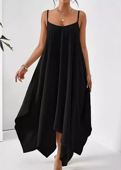 Solid Dress Simple Strap Cotton Asymmetrical Spaghetti Apricot