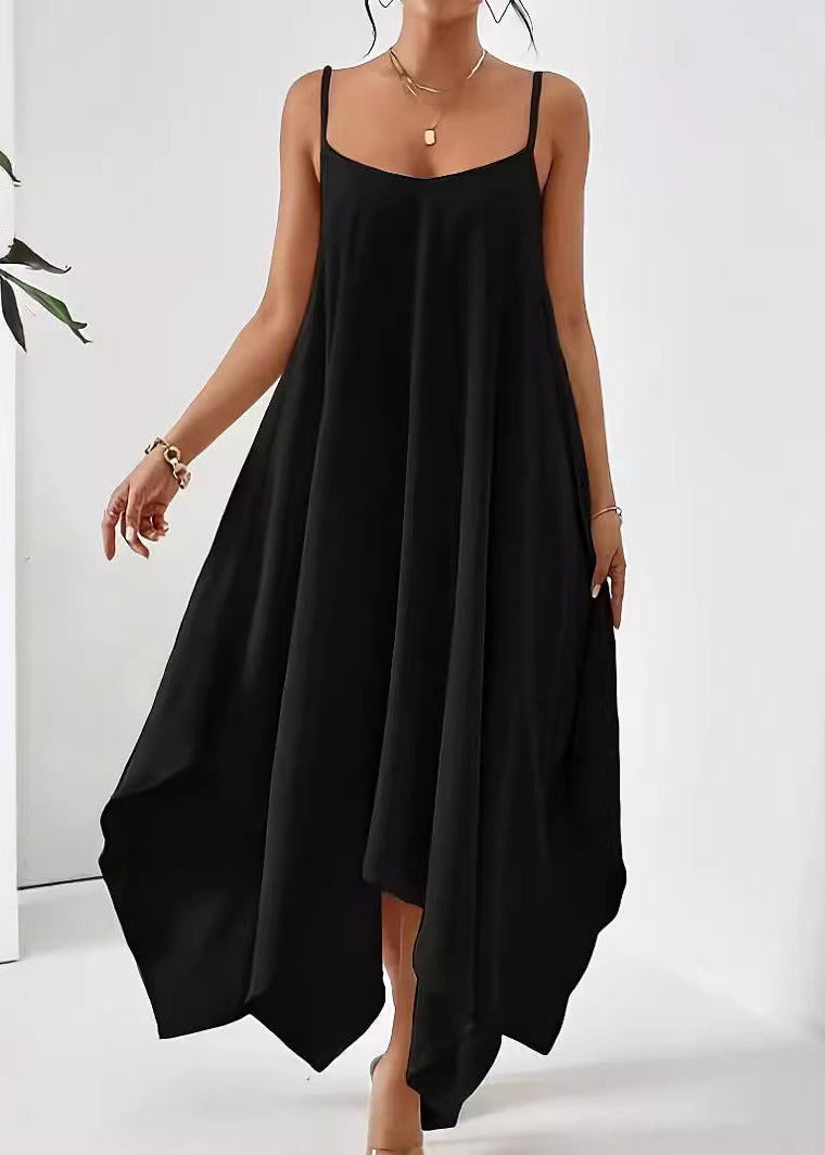 Simple Solid Cotton Dress Spaghetti Apricot Strap Asymmetrical