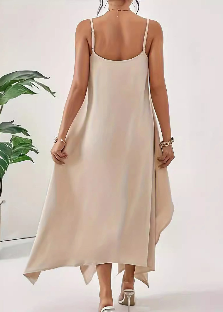 Solid Dress Simple Strap Cotton Asymmetrical Spaghetti Apricot