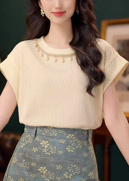 Summer Cotton Neck O Solid Apricot Simple Shirts T