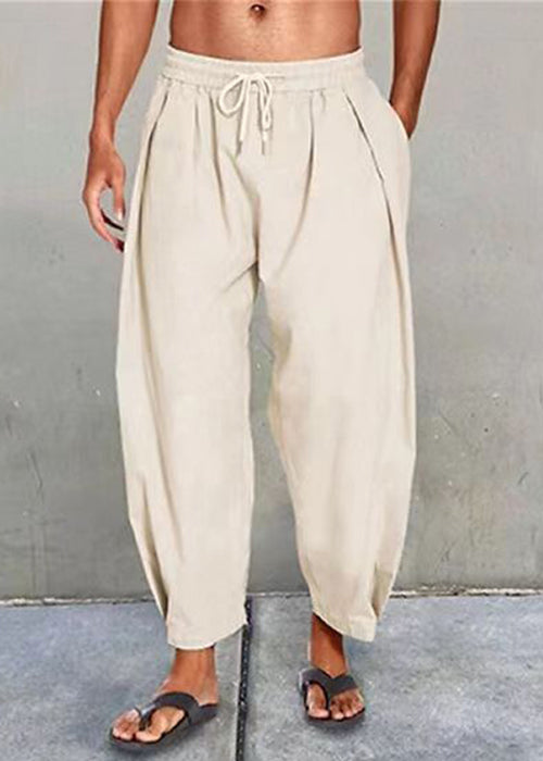 Crop Summer Waist Elastic Men Solid Simple Apricot Pants Cotton