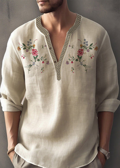 Neck Apricot Simple Print Shirt V Mens Cotton Fall