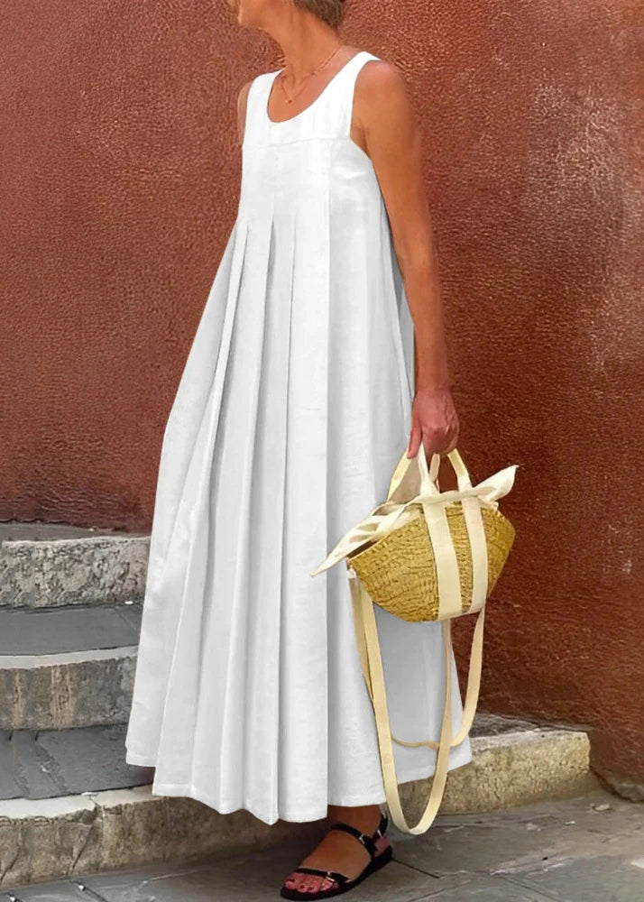 Sleeveless Simple Long Apricot Cotton Solid Wrinkled Dress