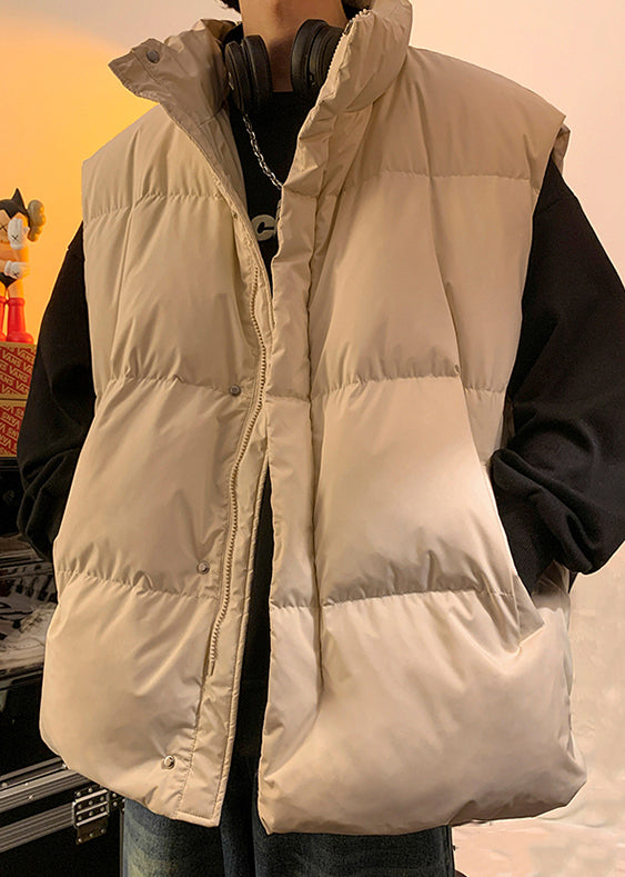 Simple Apricot Zip Up Pockets Solid Men Puffer Vest Winter RN012