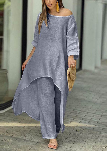 Patchwork Blue And Baby Asymmetrical Simple Top Leg Wide Pants