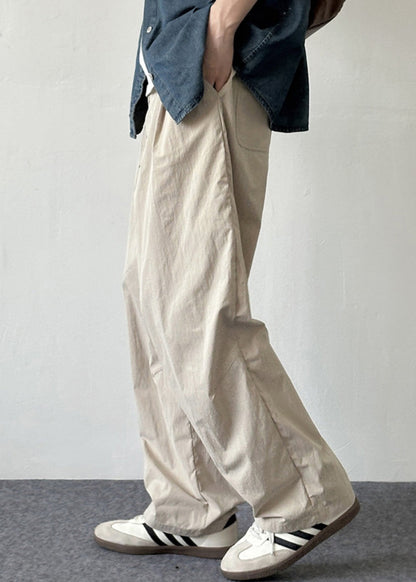 Button Pockets Cotton Pants Summer Simple Men Solid Beige