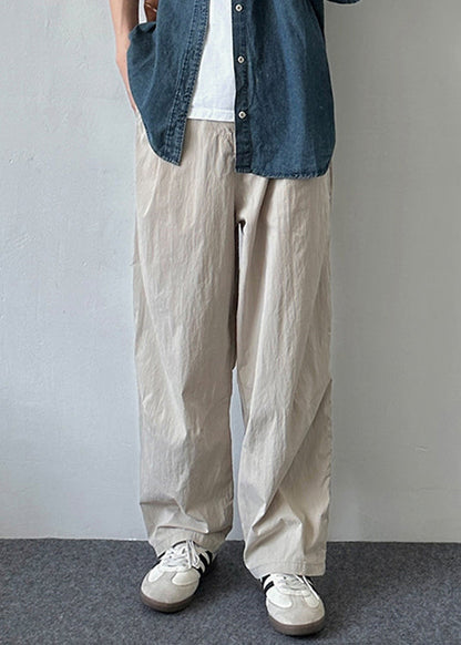 Button Pockets Cotton Pants Summer Simple Men Solid Beige