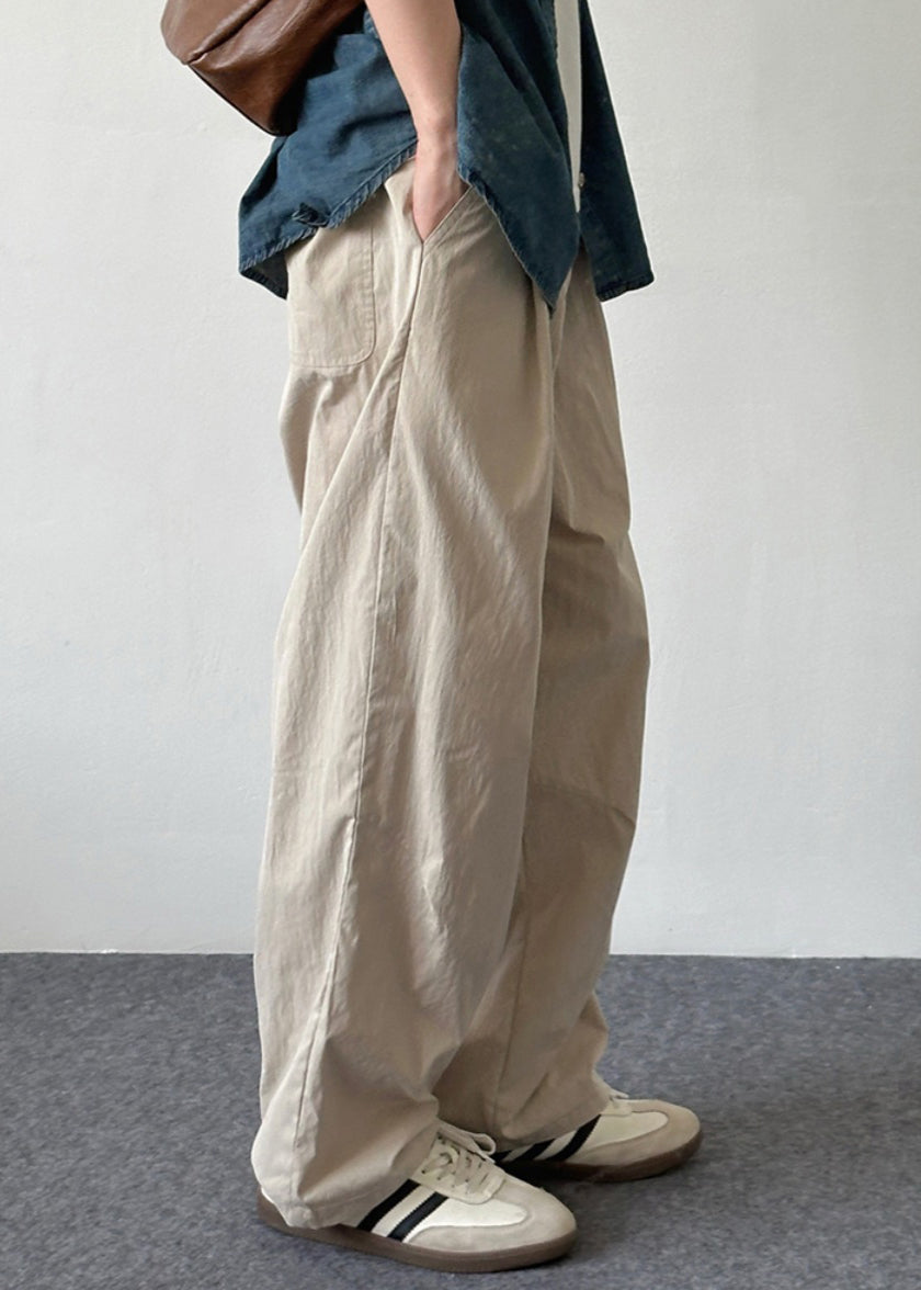 Button Pockets Cotton Pants Summer Simple Men Solid Beige