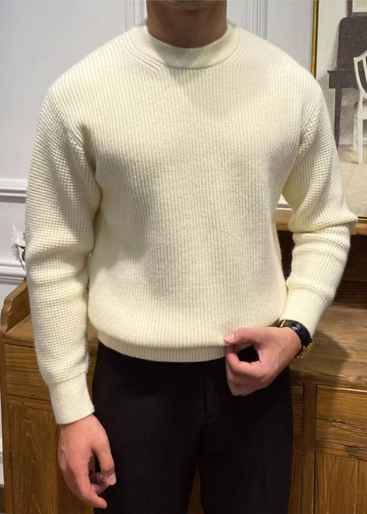 Simple Beige O Neck Solid Knit Men Sweater Spring TK004