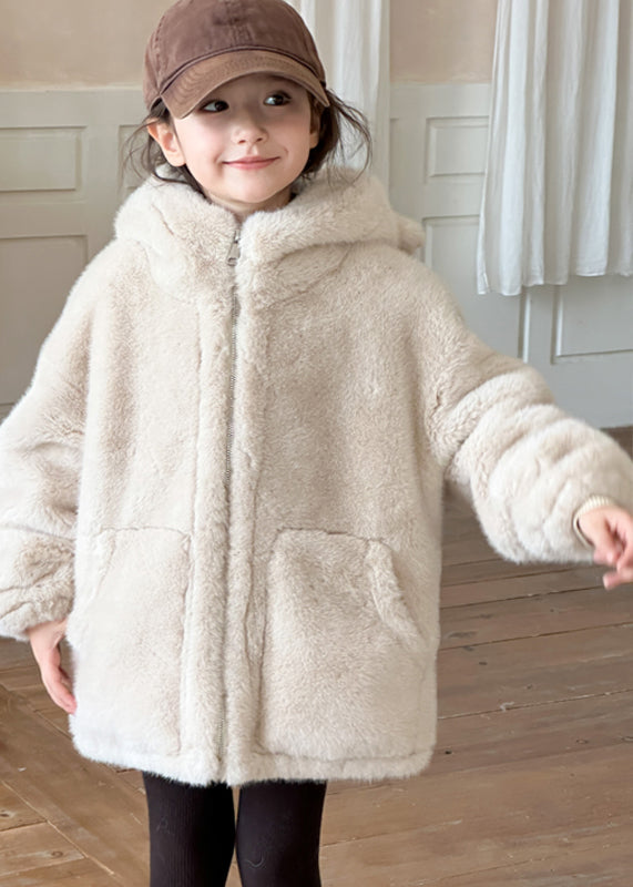 Simple Beige Zippered Pockets Girls Mink Velvet Hoodie Coat Winter TG014