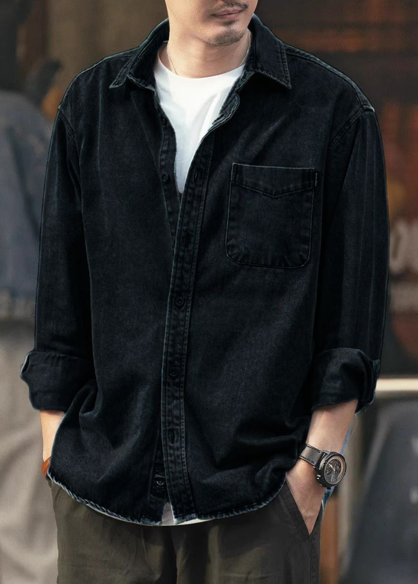 Simple Spring Men Denim Solid Button Pockets Shirts Black